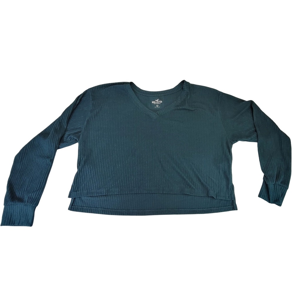 Hollister Ribbed Long Sleeve V-Neck Crop Top Teal Green Casual Comfy